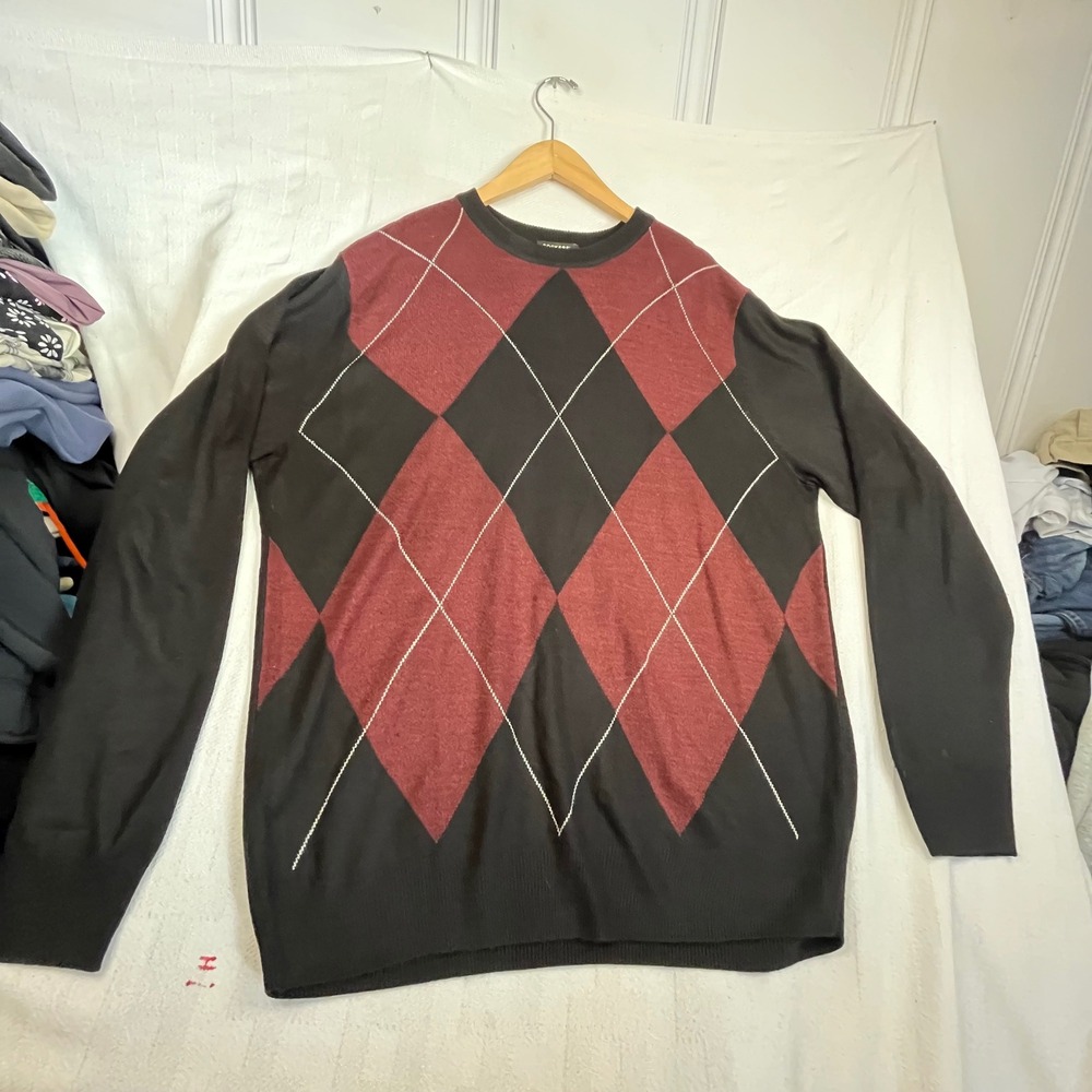 Dockers Mens XL Black Argyle V-Neck Acrylic Knit Pullover Sweater Long Sleeve
